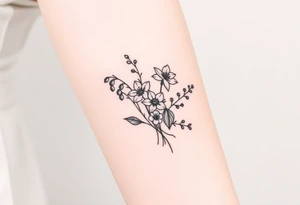 Bouquet of birth months flowers Lilly of the valley, daffodil, larkspur and Ilex aquifolium with berries tattoo idea