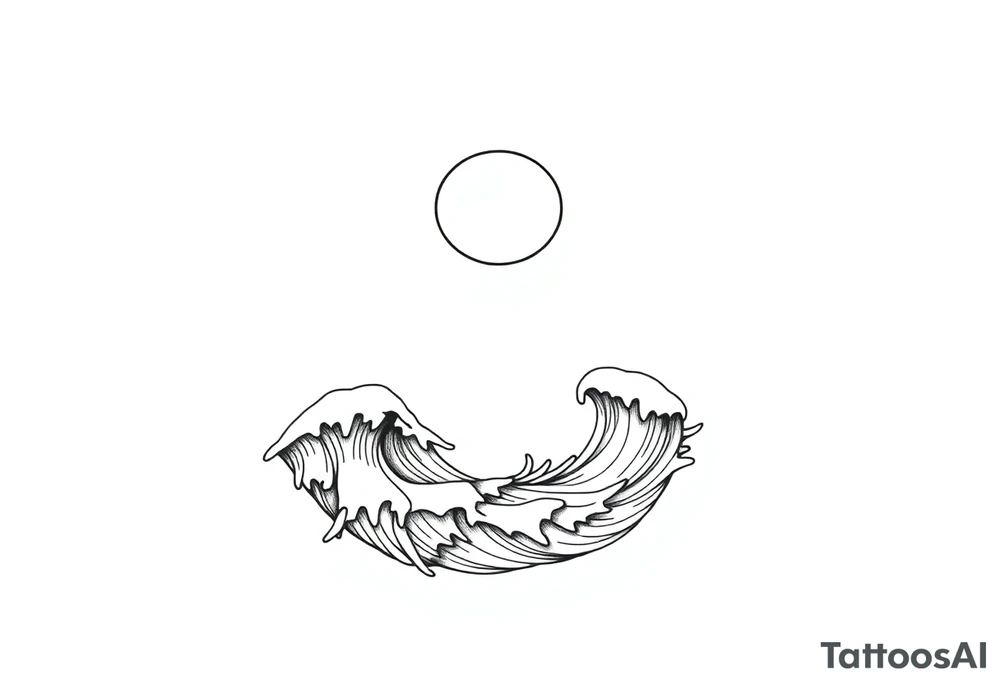 Wrap-around tattoo design, black and white line art. Stylized calm sea with flowing waves wrapping around the arm, horizon line extending seamlessly. Above the horizon, a glowing sun or moon integrated into the circular flow, with subtle Norse runes (Algiz, Raido) hidden in the light. Balanced, elegant, marine and mythological atmosphere. Clean outlines, high contrast, stencil-ready for forearm tattoo. tattoo idea