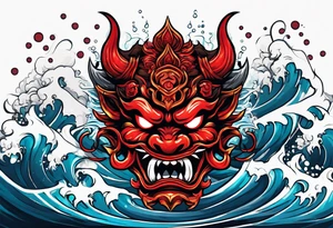 red oni mask floating in water tattoo idea