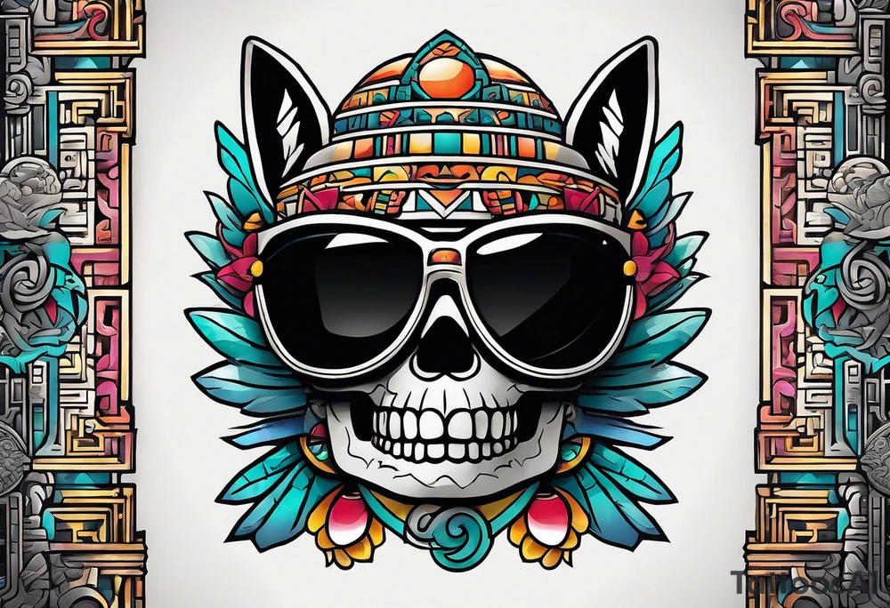 Colorful ancient Mayan hieroglyph made of stone wearing sunglasses reflecting Chichen itza and bats. tattoo idea