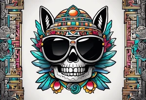 Colorful ancient Mayan hieroglyph made of stone wearing sunglasses reflecting Chichen itza and bats. tattoo idea