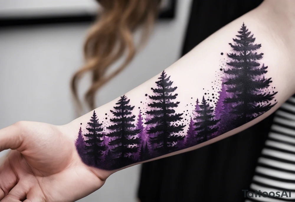 forest, purple and black, covered from wrist to forearm, fully covered, no borders, blackwork tattoo idea