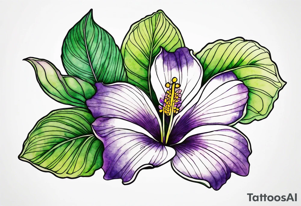 An outline of a rio dipladenia flower with a green and purple watercolor background tattoo idea