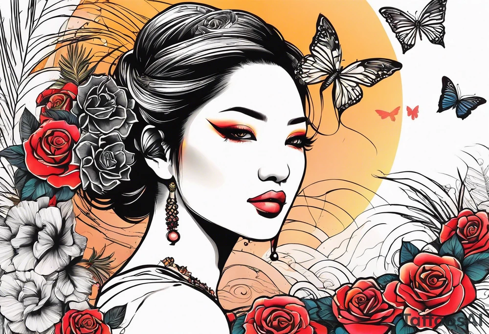 Sunset, palm trees, woman face, butterflies, rose, dragonflies tattoo idea