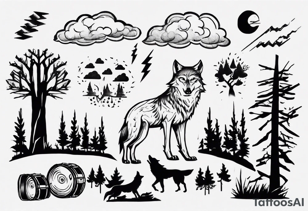 thunderstorm over a forest with a wolf howling on drums tattoo idea thunderstorm over a forest with a wolf howling on drums tattoo idea