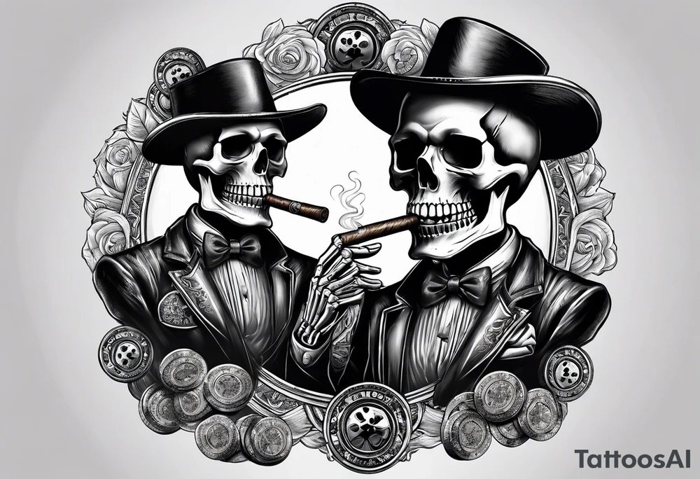 skeleton smoking cigar with poker chips tattoo idea