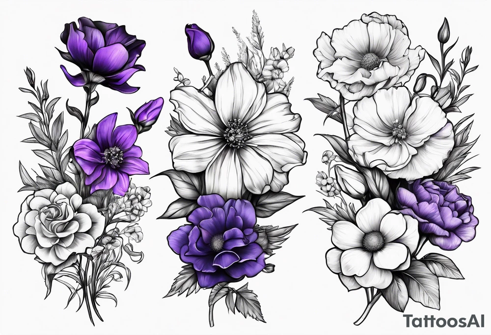 one larkspur, one carnation, one violet, one daisy and tied together with bow tattoo idea