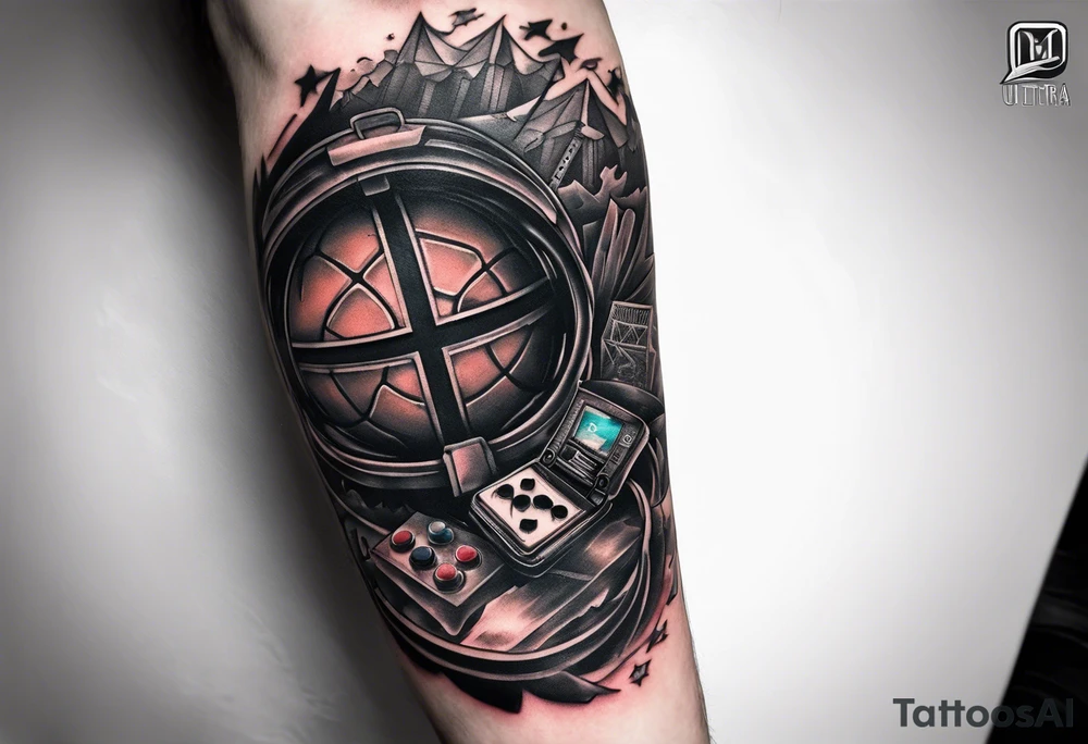 A forearm tattoo that includes a basketball hoop and a cross and a video game controller tattoo idea