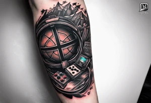 A forearm tattoo that includes a basketball hoop and a cross and a video game controller tattoo idea
