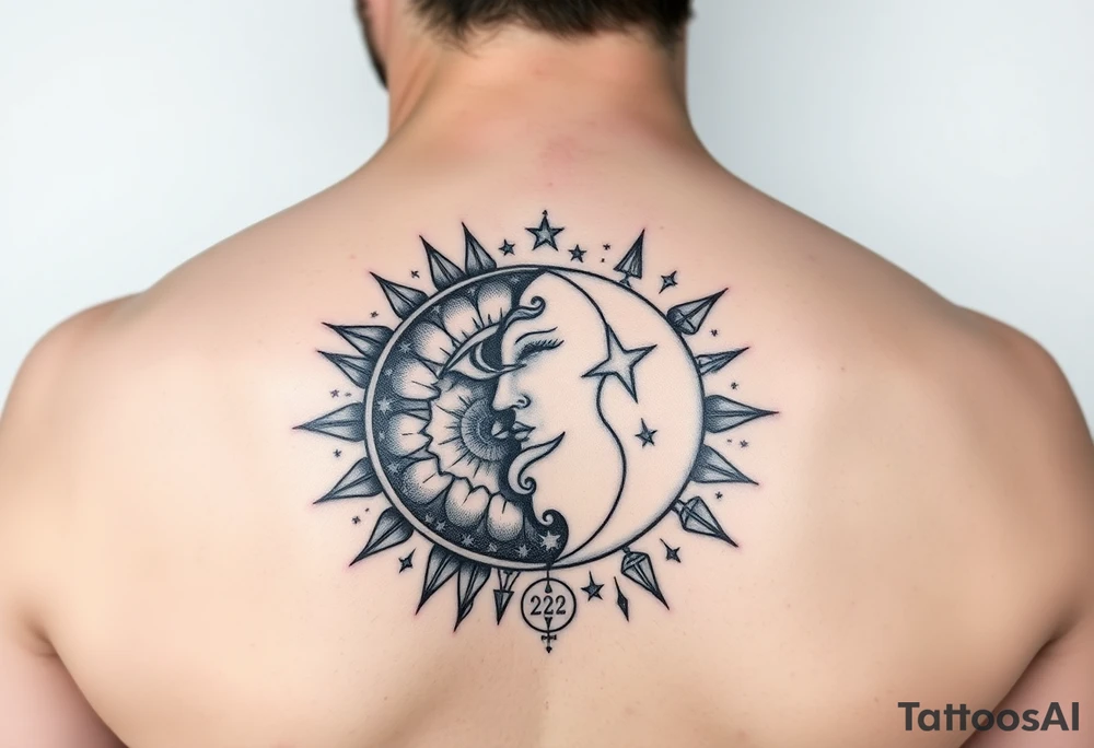 celestial sun and moon embrace with constellation patterns with 222 tattoo idea