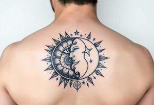 celestial sun and moon embrace with constellation patterns with 222 tattoo idea