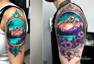 Compass rose rising like a sunrise behind a mountain. In front of the mountain, there are teal and purple flowers. Tattoo is half sleeve on the shoulder tattoo idea