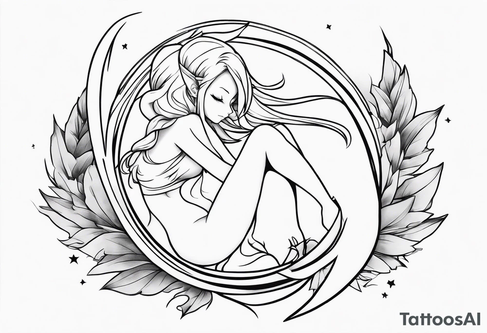 No color fairy with a tail inspired by the logo of the anime show called Fairy Tail in a fetal position leaning in and forward while sleeping tattoo idea