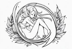 No color fairy with a tail inspired by the logo of the anime show called Fairy Tail in a fetal position leaning in and forward while sleeping tattoo idea