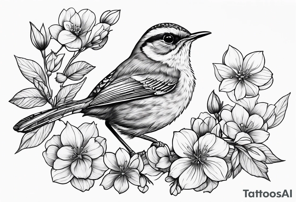 Create a delicate tattoo of a wren nestled among blossoms, highlighting its small size and charming features tattoo idea