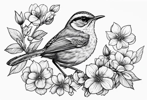 Create a delicate tattoo of a wren nestled among blossoms, highlighting its small size and charming features tattoo idea