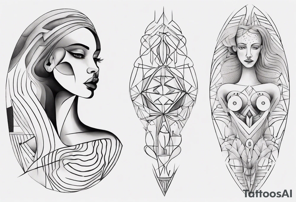 Abstract fine line woman dotwork tattoo idea