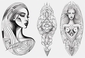 Abstract fine line woman dotwork tattoo idea