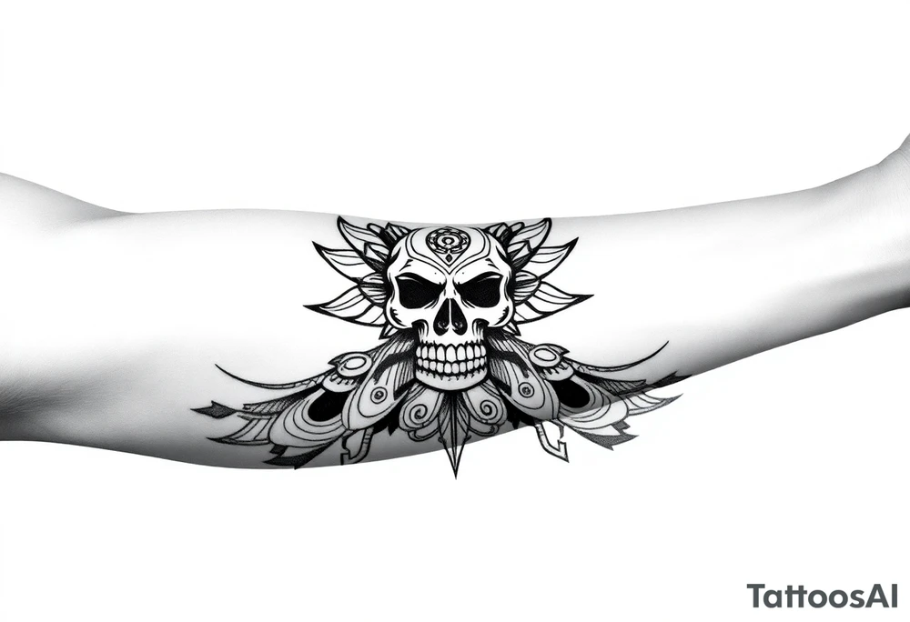 Create a mexican Aztec tattoo meant for the inner bicep, with the main theme of life and death but make sure to make it subtle as this theme should not be the main focus of the tattoo the mexican Aztec part is the main thing tattoo idea