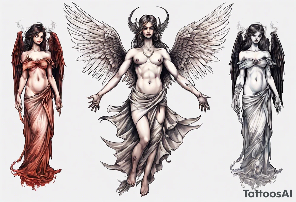 Demon holding an angel around her waist with her halo in his hands. He has angel wings, she has demon wings. tattoo idea