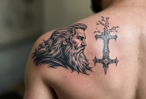 A side profile of Thor with a cracked Mjölnir beside him, symbolizing his journey of loss and growth, in black and grey realism with silver detailing. tattoo idea