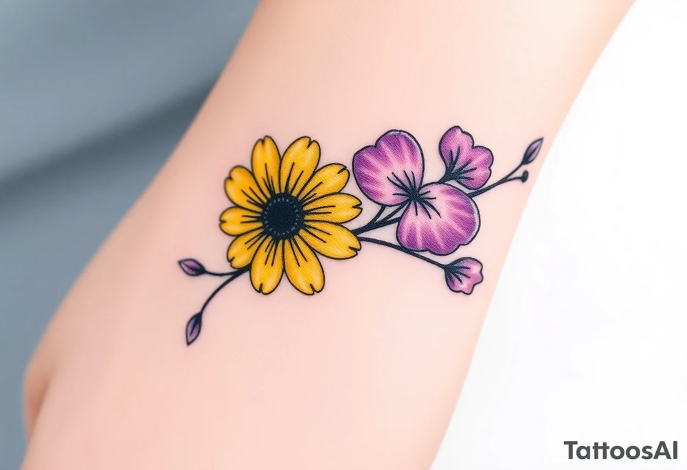 Yellow daisy & Purple Hearts tattoo idea