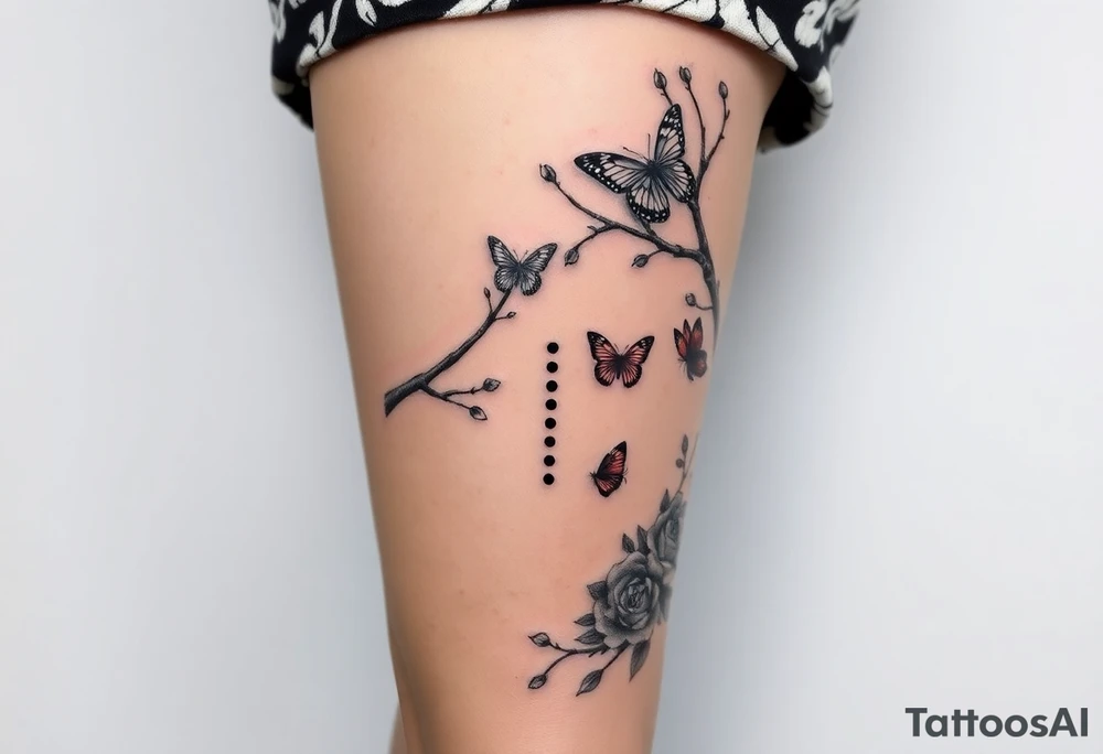 a poisoned tree with butterflies and roses around it and a semicolon somewhere in there make it a leg sleeve tattoo idea