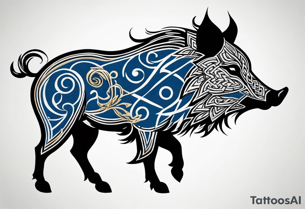 Side profile, Celtic, tribal, wild boar, On a Chatwin family crest with blue background, two gold stars, and a gold Chevron, and a Thistle tattoo idea