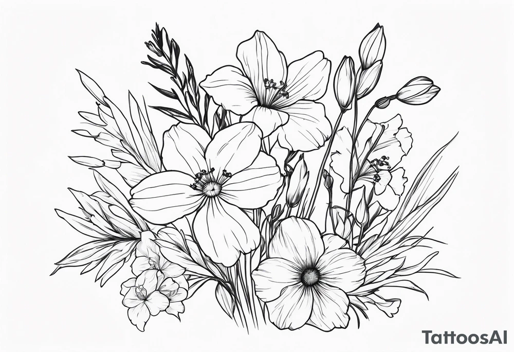 a tall, vertical minimalist style line art tattoo of a bouquet of violets, daffodils, gladiolus, and cosmos tattoo idea