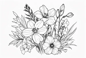 a tall, vertical minimalist style line art tattoo of a bouquet of violets, daffodils, gladiolus, and cosmos tattoo idea