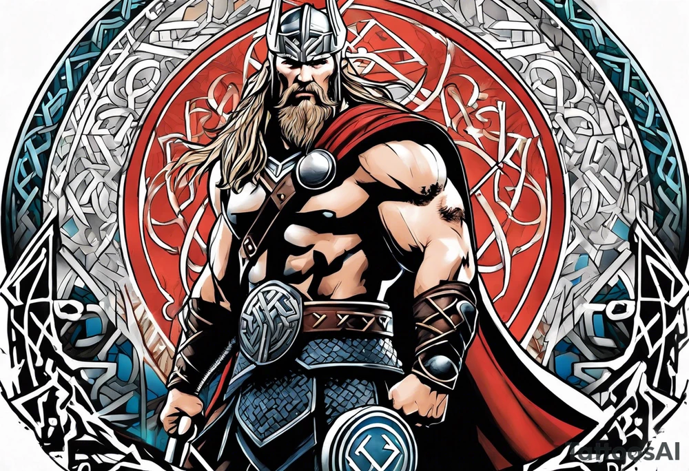 Thor with Viking runes in the background as a vignette tattoo idea