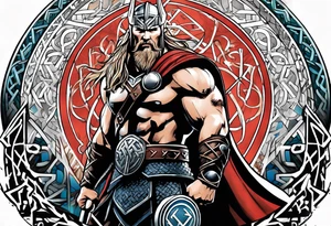 Thor with Viking runes in the background as a vignette tattoo idea