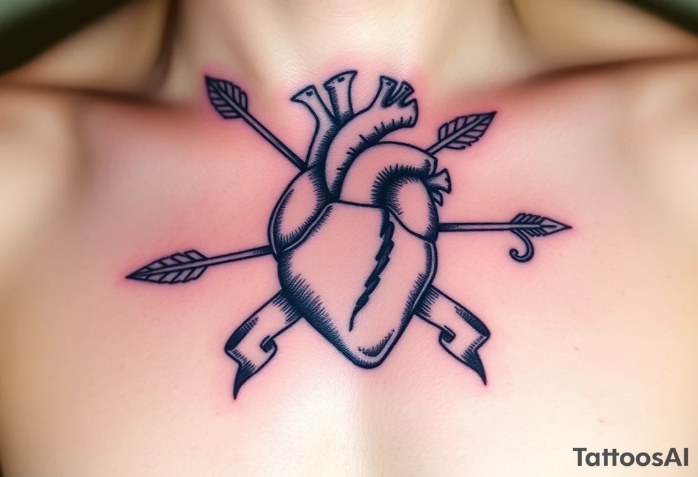 anatomical heart pierced by ornate arrow with flowing ribbons tattoo idea