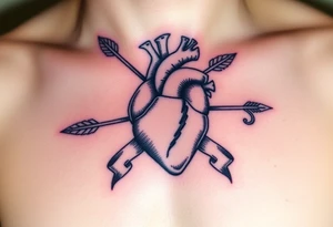 anatomical heart pierced by ornate arrow with flowing ribbons tattoo idea