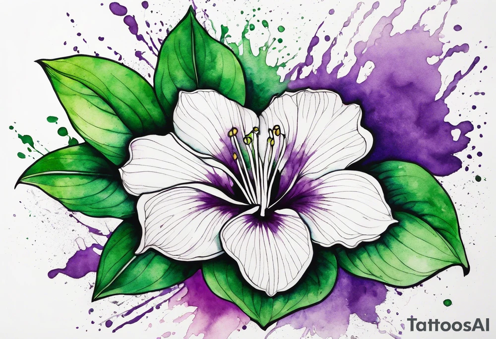An outline of a green rio dipladenia flower and a green and purple watercolor splash in the background tattoo idea