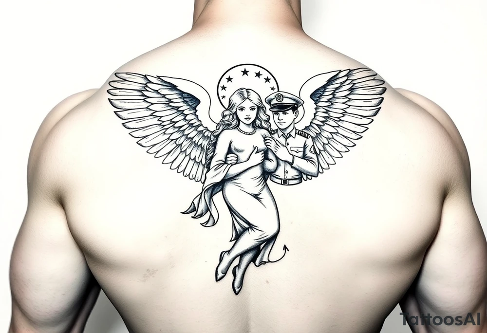 Muscular male guardian angel carrying female officer in the United States coast guard religious tattoo idea