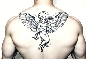 Muscular male guardian angel carrying female officer in the United States coast guard religious tattoo idea
