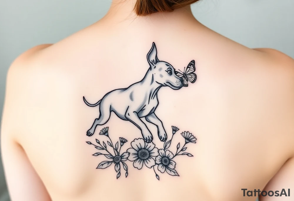 Small tattoo of Great Dane puppy playing in flowers and chasing a butterfly. tattoo idea