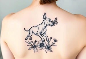 Small tattoo of Great Dane puppy playing in flowers and chasing a butterfly. tattoo idea