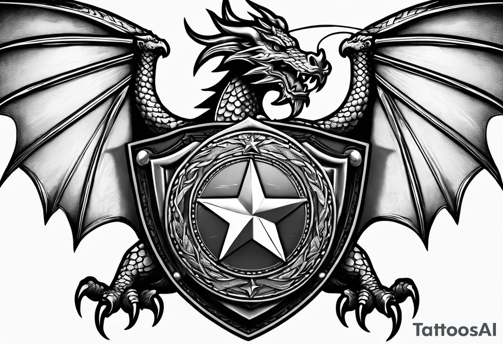 Welsh dragon holding a shield of a TEXAS star in battle tattoo idea