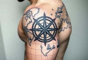 antique compass rose overlaid on weathered world map with sailing ships tattoo idea