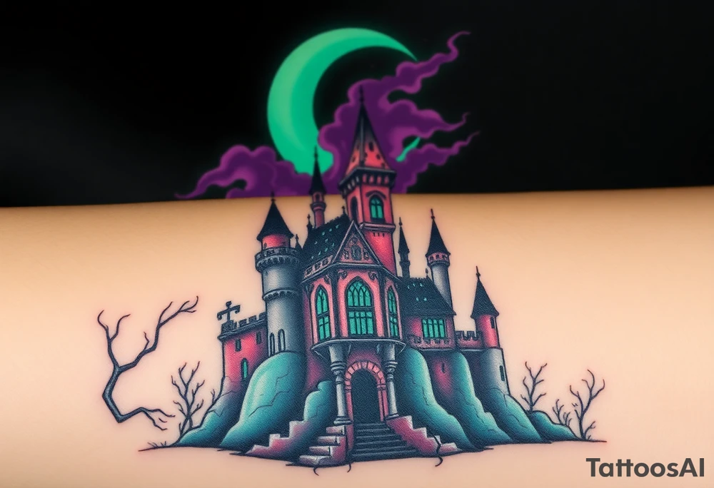 Tim Burton’s disney sleeping beauty’s haunted castle is abandoned and dripping with muted reds, dusty pinks, and eerie green glow.purple and cyan smokey clouds swirl in the crescent moonlit sky thats sprinkled with stars tattoo idea tattoo idea