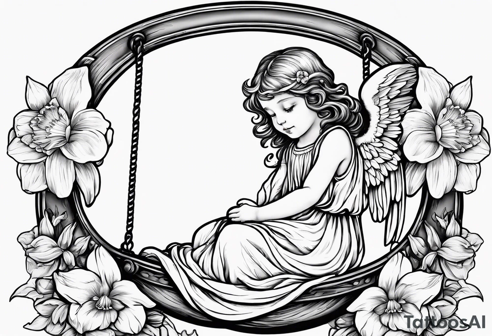 sad angel child on swing with sagging wings, head down surrounded by lily, daffodil, rose, daisy, narcissus tattoo idea