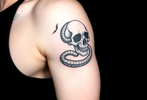 A hyper-realistic Dark Mark, with the snake slithering around the skull, coiled in a hypnotic pose tattoo idea