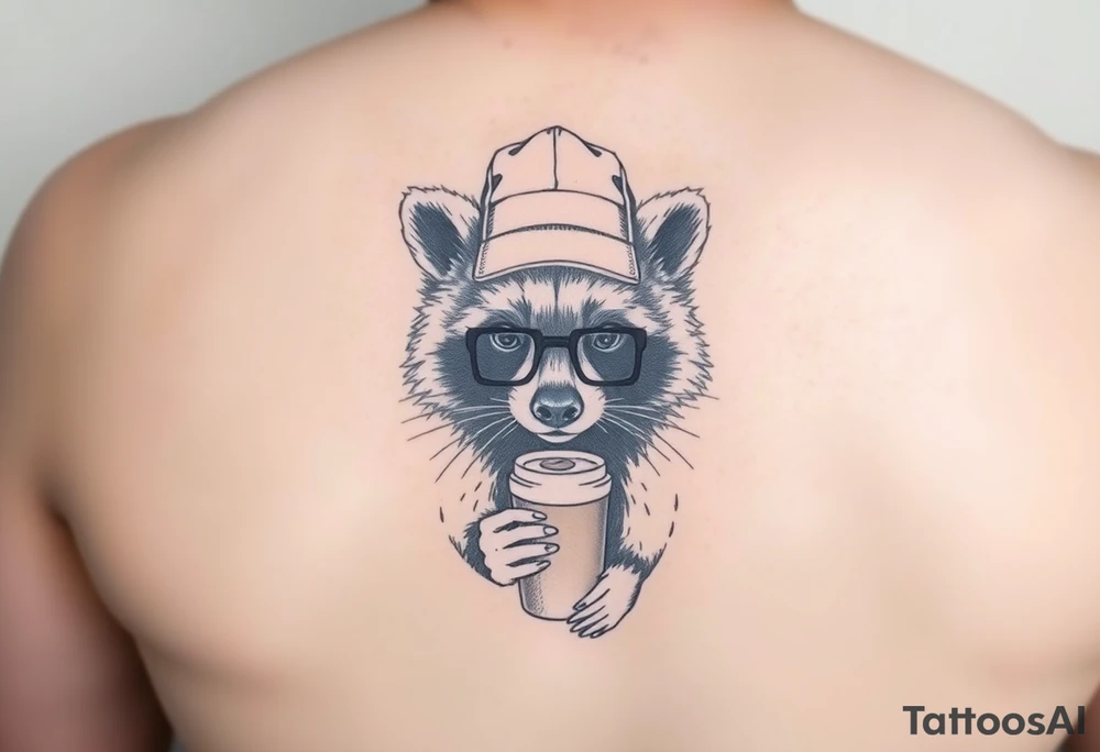 Raccoon with thick square glasses,trucker hat, and iced coffee tattoo idea