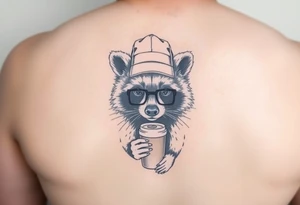 Raccoon with thick square glasses,trucker hat, and iced coffee tattoo idea