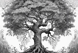 Tattoo of the norse world tree, one half is rotten, the other is full of leaves tattoo idea