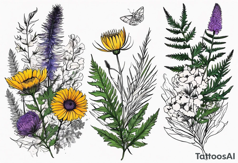 spread out mixed wildflower bouquet with ferns, thistle and with color tattoo idea