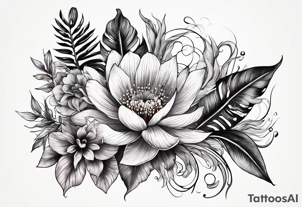sea, flower, palm, animal tattoo idea
