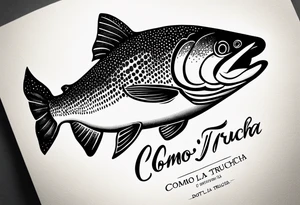 A small tattoo with a shaded trout and text that says, 'Como la trucha...' drawn with fine lines." tattoo idea
